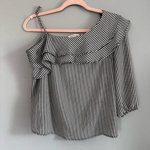 MONTEAU One Sleeve, Asymmetrical, Black & White Pinstripe Top, Ruffle, Size M